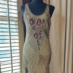 Olive Green Beaded Floral Maxi Dress